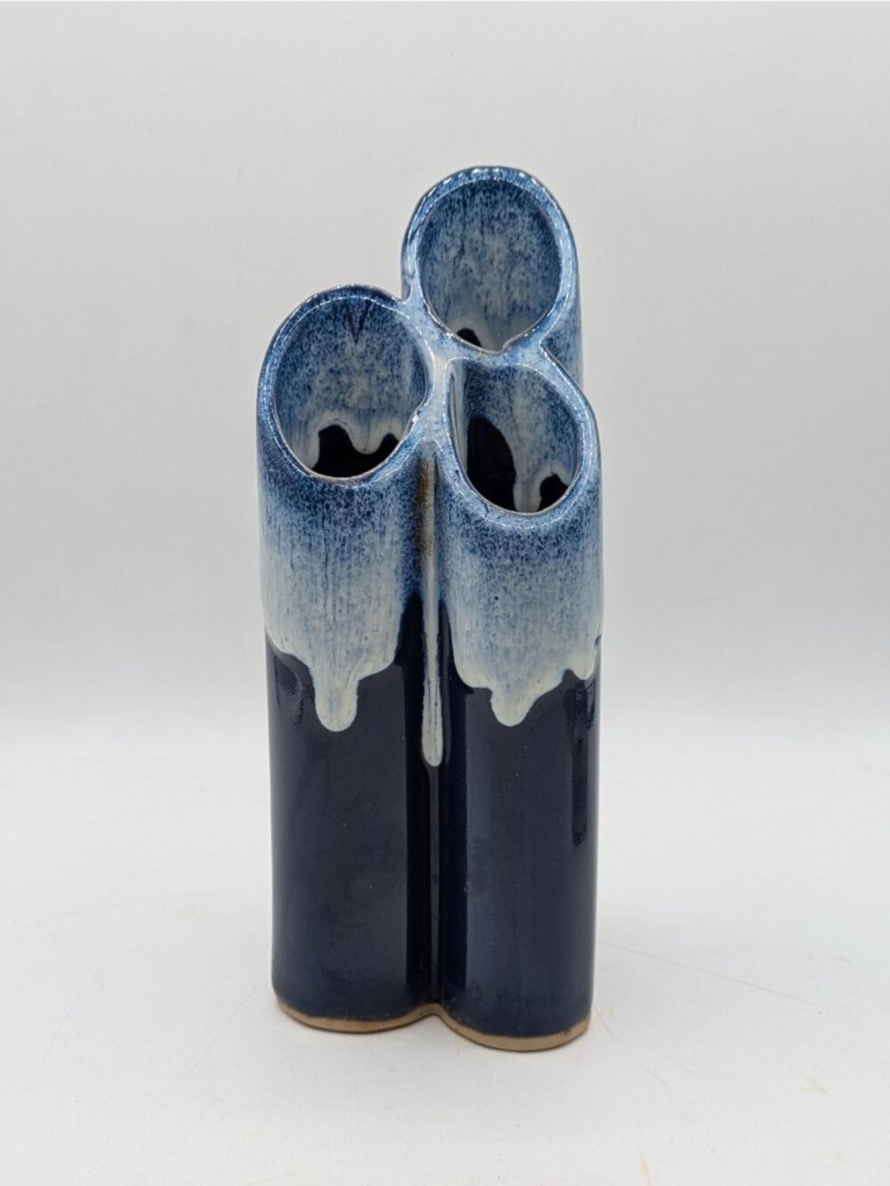 Vintage Art Pottery Triple Vase Blue Drip Glaze Handmade Signed 8.25"